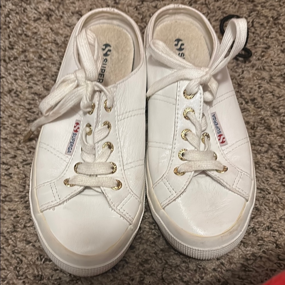 Superga White and Gold Lace-Up Sneakers
